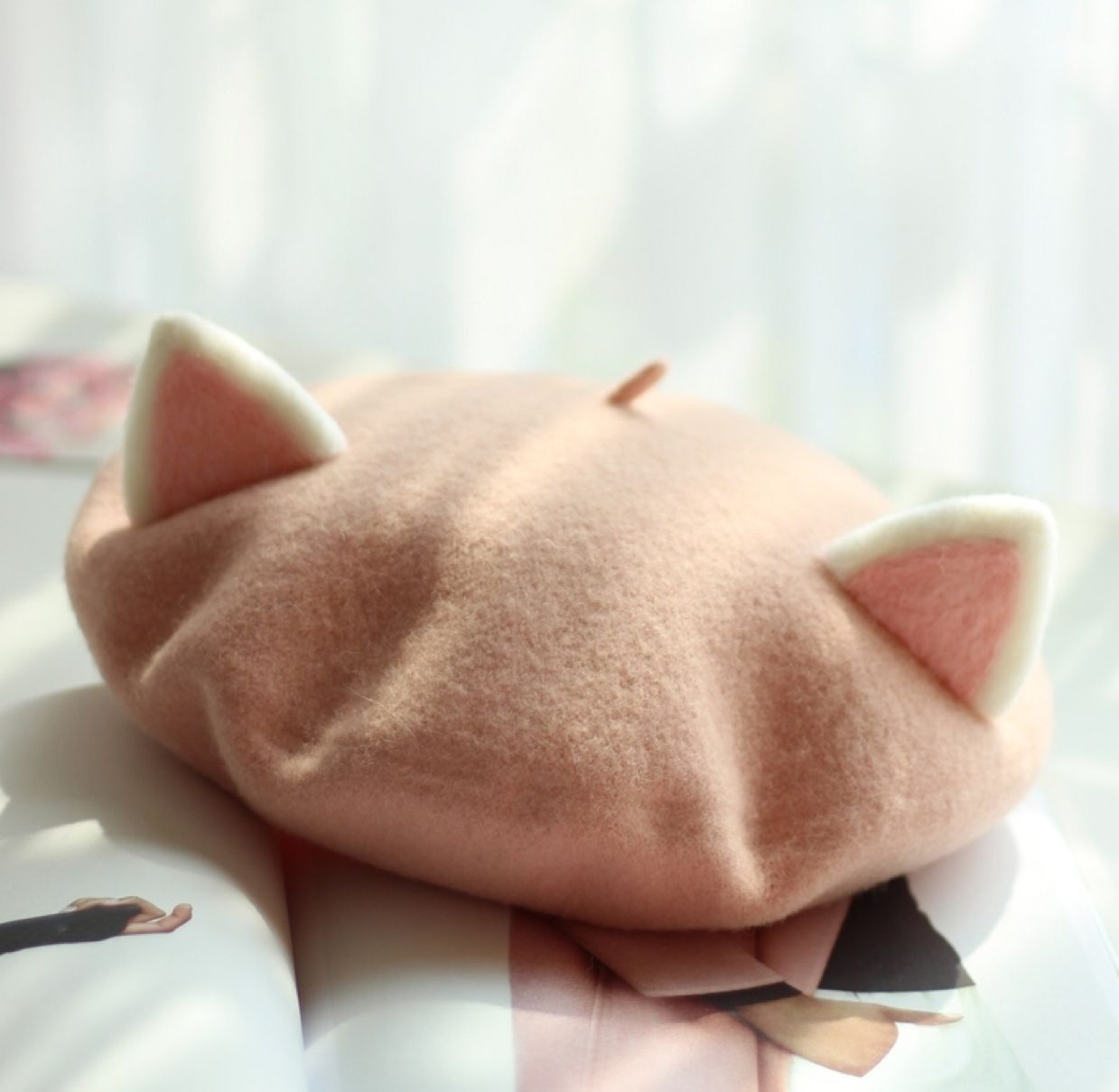 Children's hats, autumn and winter hats, fashionable and cute, fine wool knitted felt, cartoon cat ears, Bailey cap with fan, baseball cap detail image 3