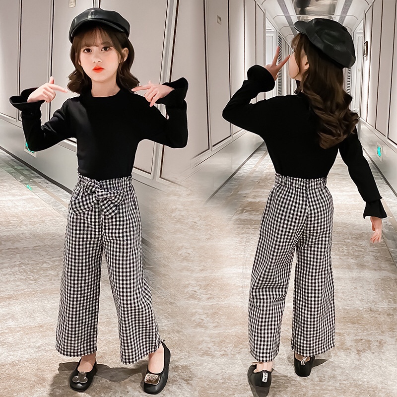 Girls' black plaid pants set for spring and Autumn 2024 New style trendy and stylish long pants, children's loose pants two-piece set Application Scenario