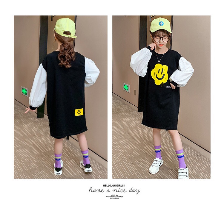女童笑脸童裙2020童装秋装新款中大童中长款连衣裙潮儿童卫衣代发详情图1