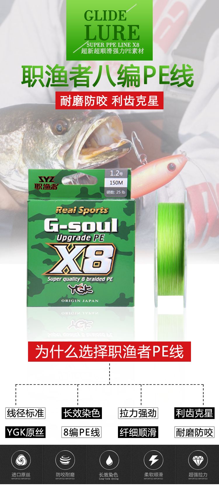 Zhiyu Zhe PE line, Japanese YGK original silk 8-braided PE line, dedicated main line for Luya, high strength, wear-resistant and smooth detail image 1