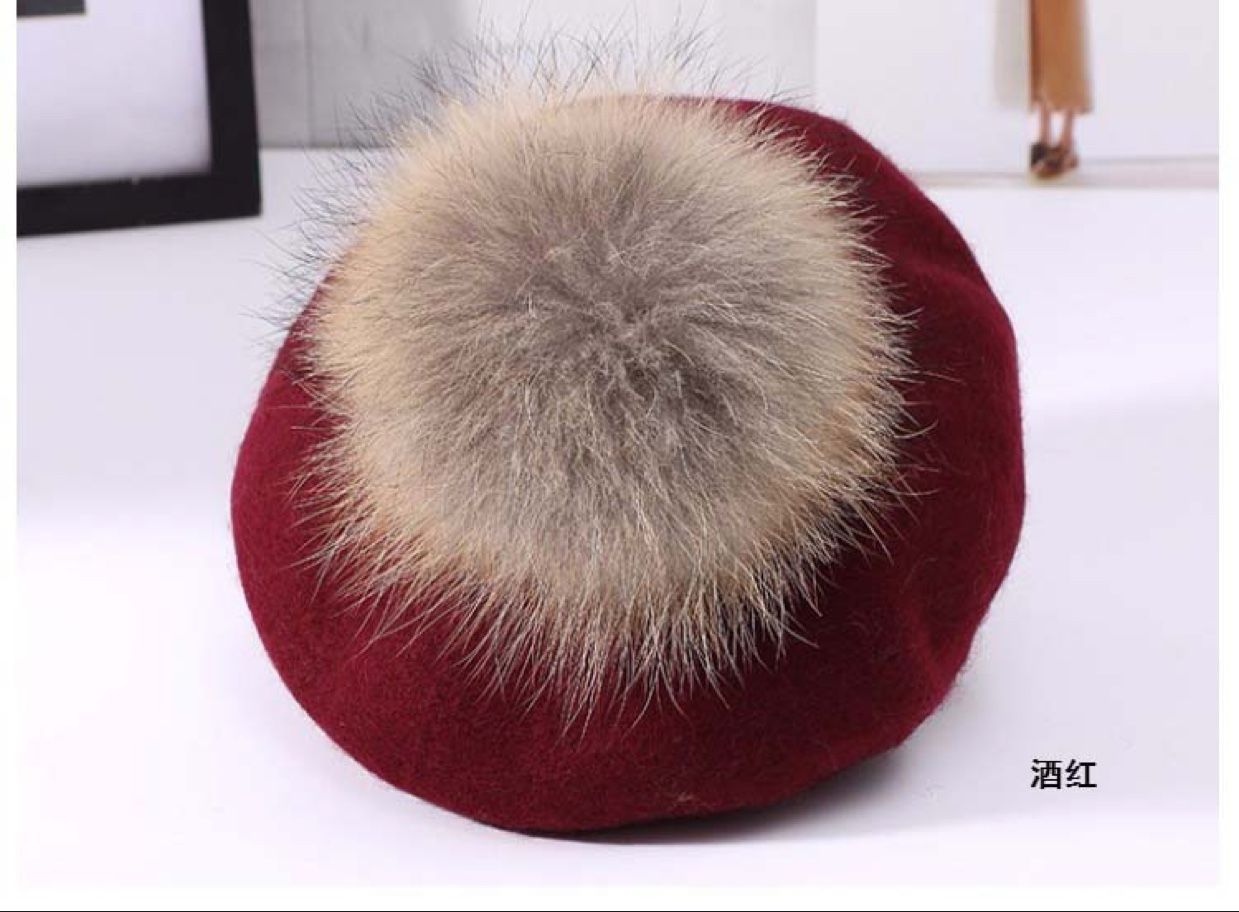 All-wool mink pom-poms fashionable beret New Year's style flat-brimmed fisherman's hat business outfit paired with a business hat detail image 3