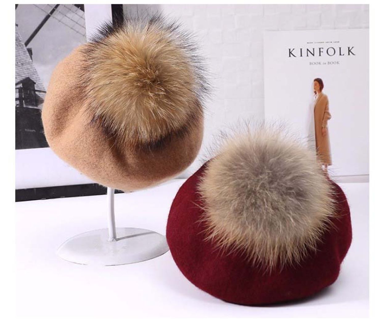 All-wool mink pom-poms fashionable beret New Year's style flat-brimmed fisherman's hat business outfit paired with a business hat detail image 4
