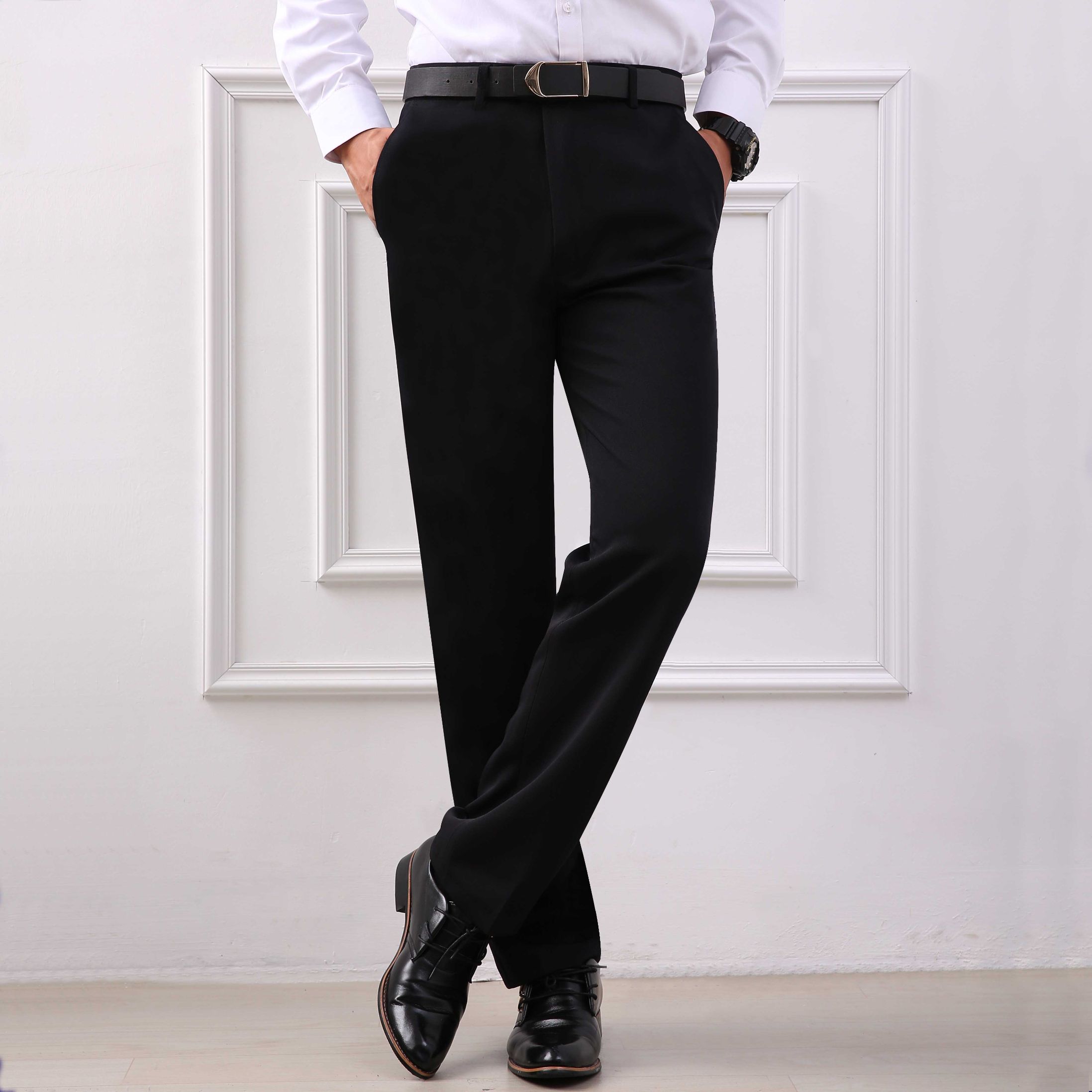 Autumn and winter men's anti-wrinkle and non-ironing trousers, business wear, high-waisted men's trousers for middle-aged and elderly people, wide and long trousers details Picture