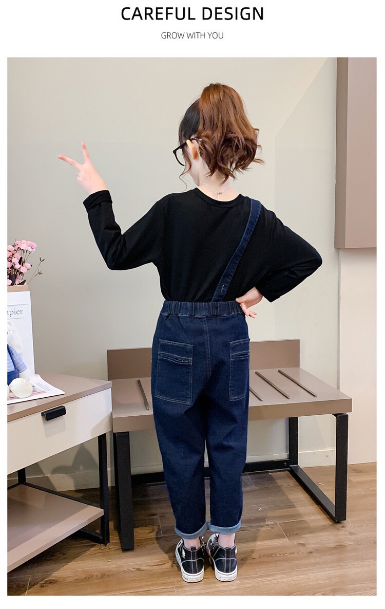 New autumn collection of children's clothing, girls' single-shoulder denim overalls, Korean-style children's solid color student pants, trendy 1 Specification drawing