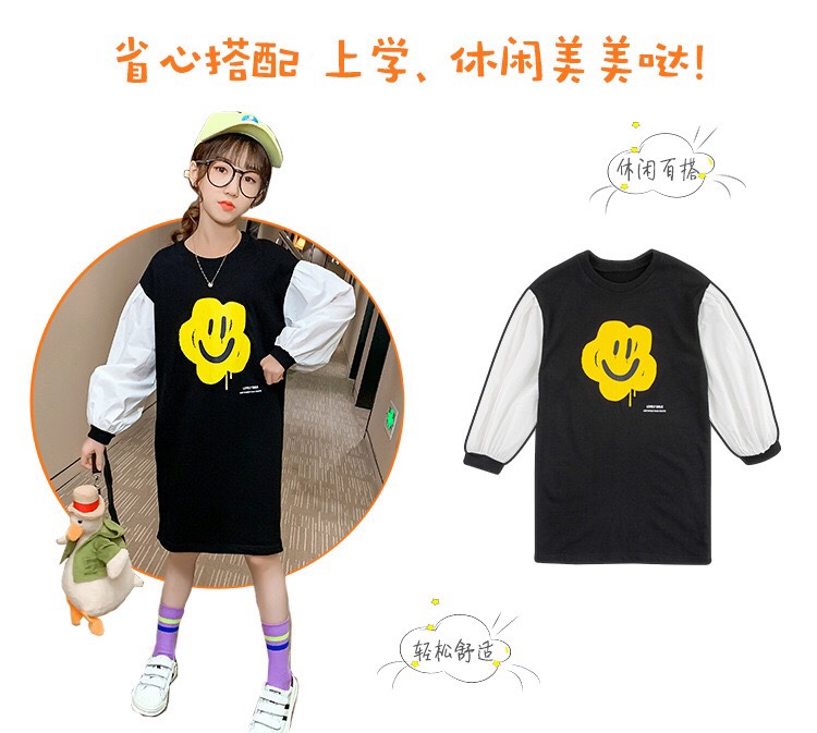 女童笑脸童裙2020童装秋装新款中大童中长款连衣裙潮儿童卫衣代发详情图3
