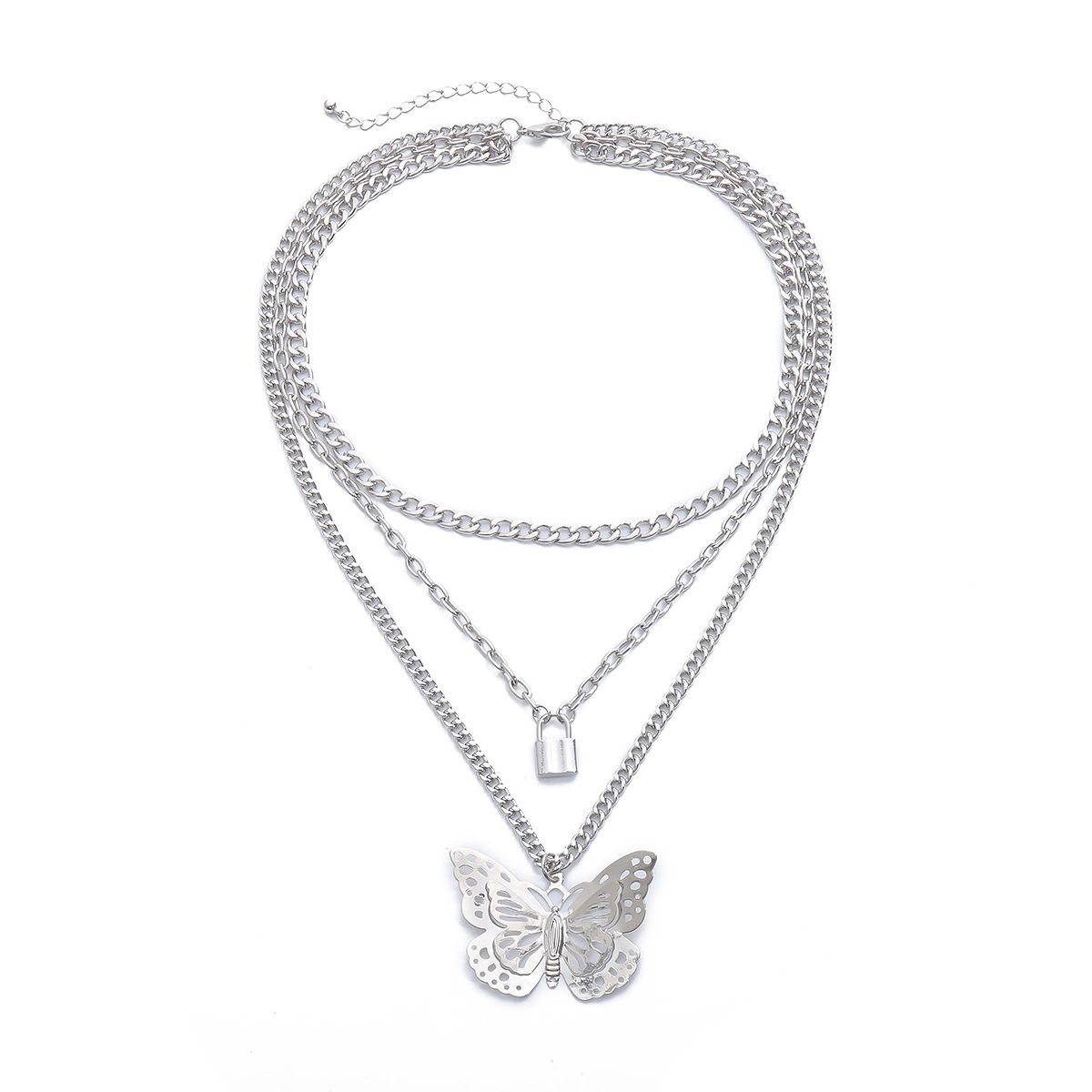 European and American cross-border jewelry, simple ins metal lock-shaped pendant necklace, fashionable and exaggerated hollowed-out large butterfly necklace detail image 1