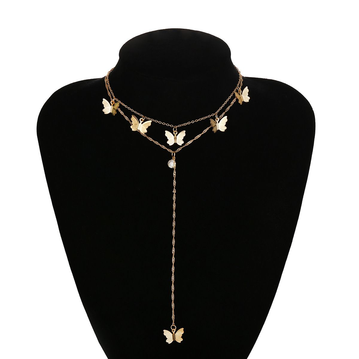 European and American cross-border jewelry, fashionable tassel and diamond-encrusted collarbone chain necklace, simple and elegant butterfly multi-layer necklace for women detail image 4