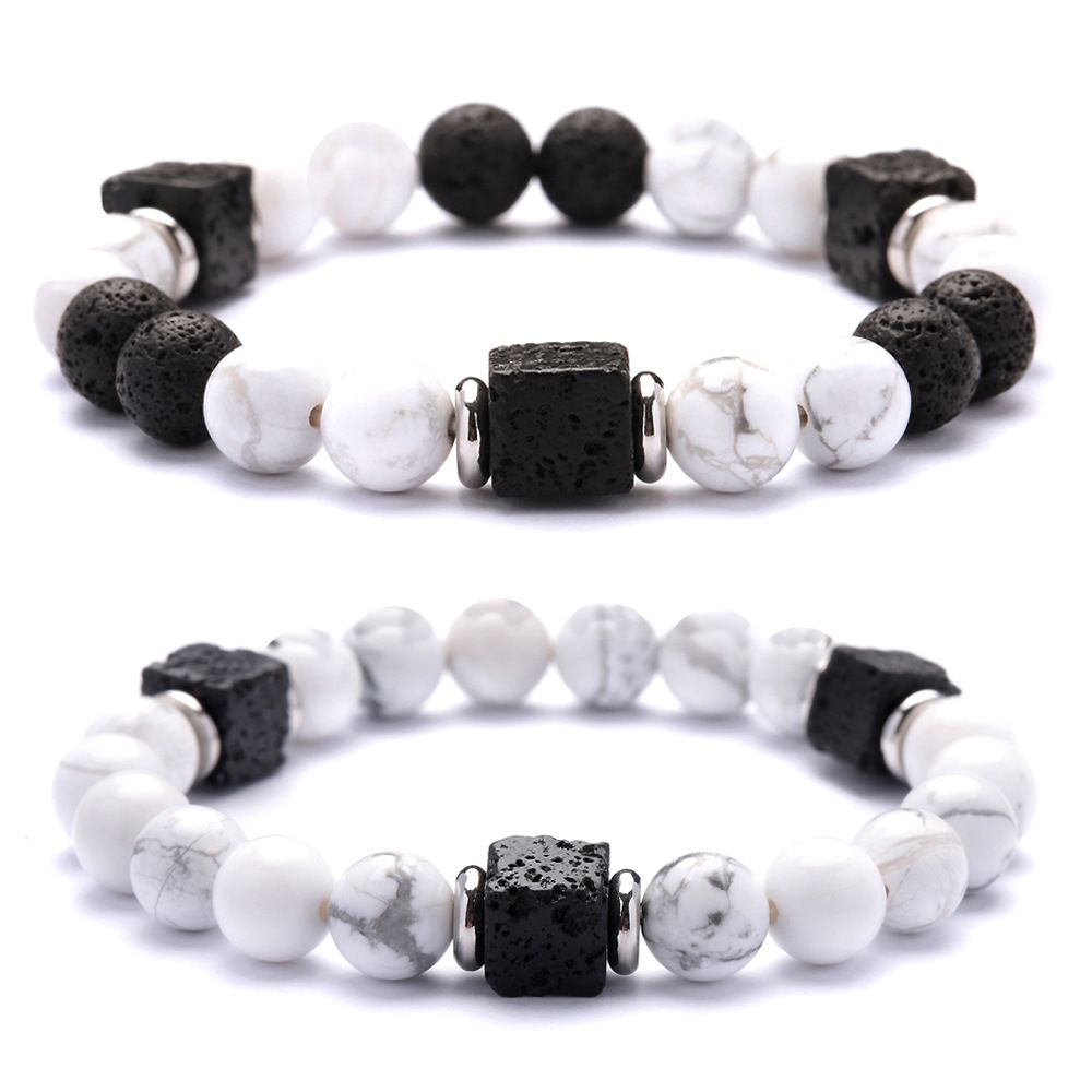 Stainless steel spacers, versatile natural square volcanic stone white pine bracelet, European and American fashionable black and white couple's bracelet