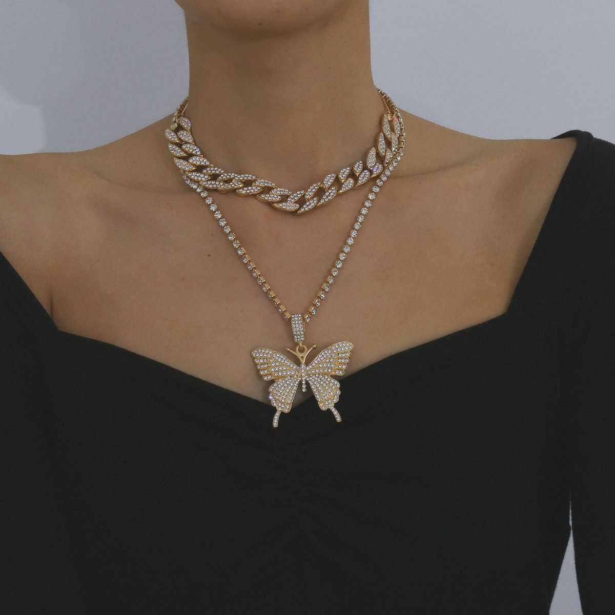 European and American cross-border jewelry, light luxury hip-hop full diamond Cuban clasp necklace, simple Instagram niche diamond-encrusted butterfly necklace detail image 13