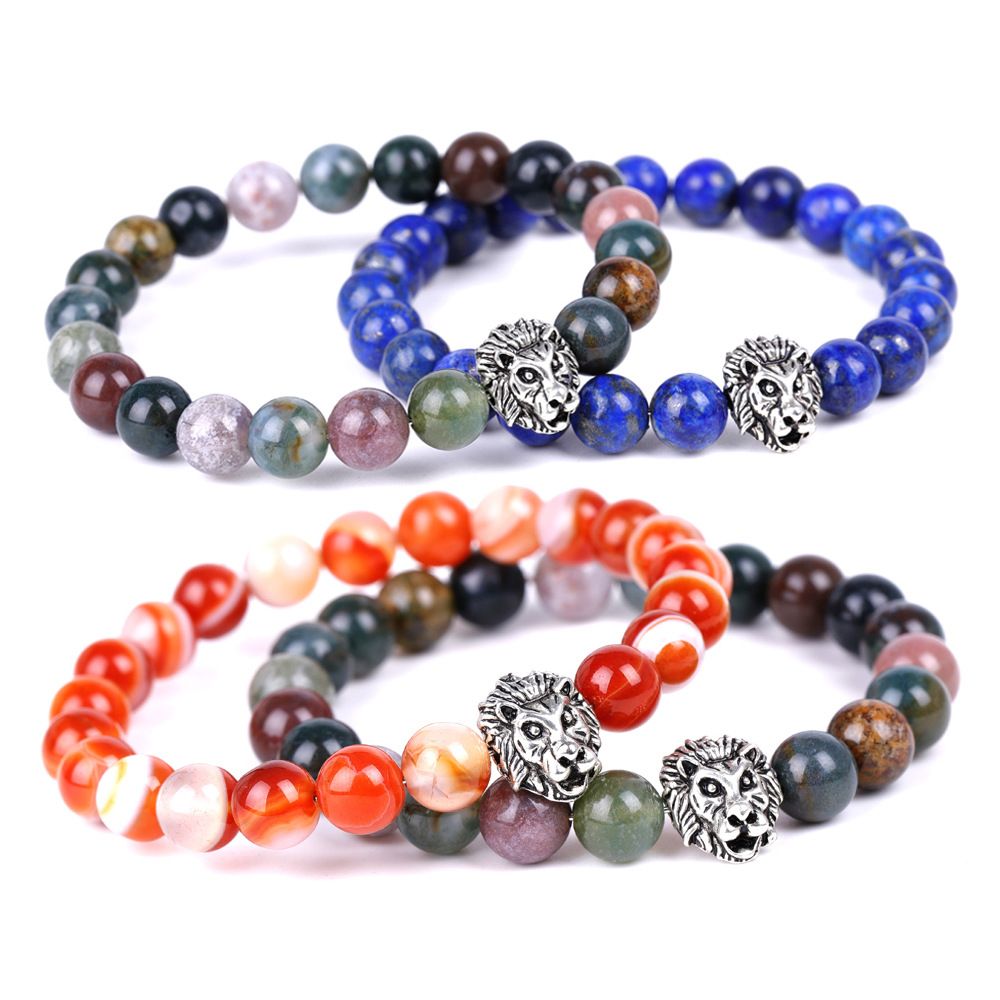 Natural Indian agate striped red agate lion head bracelet, European and American fashion, non-fading lapis lazuli bracelet accessory