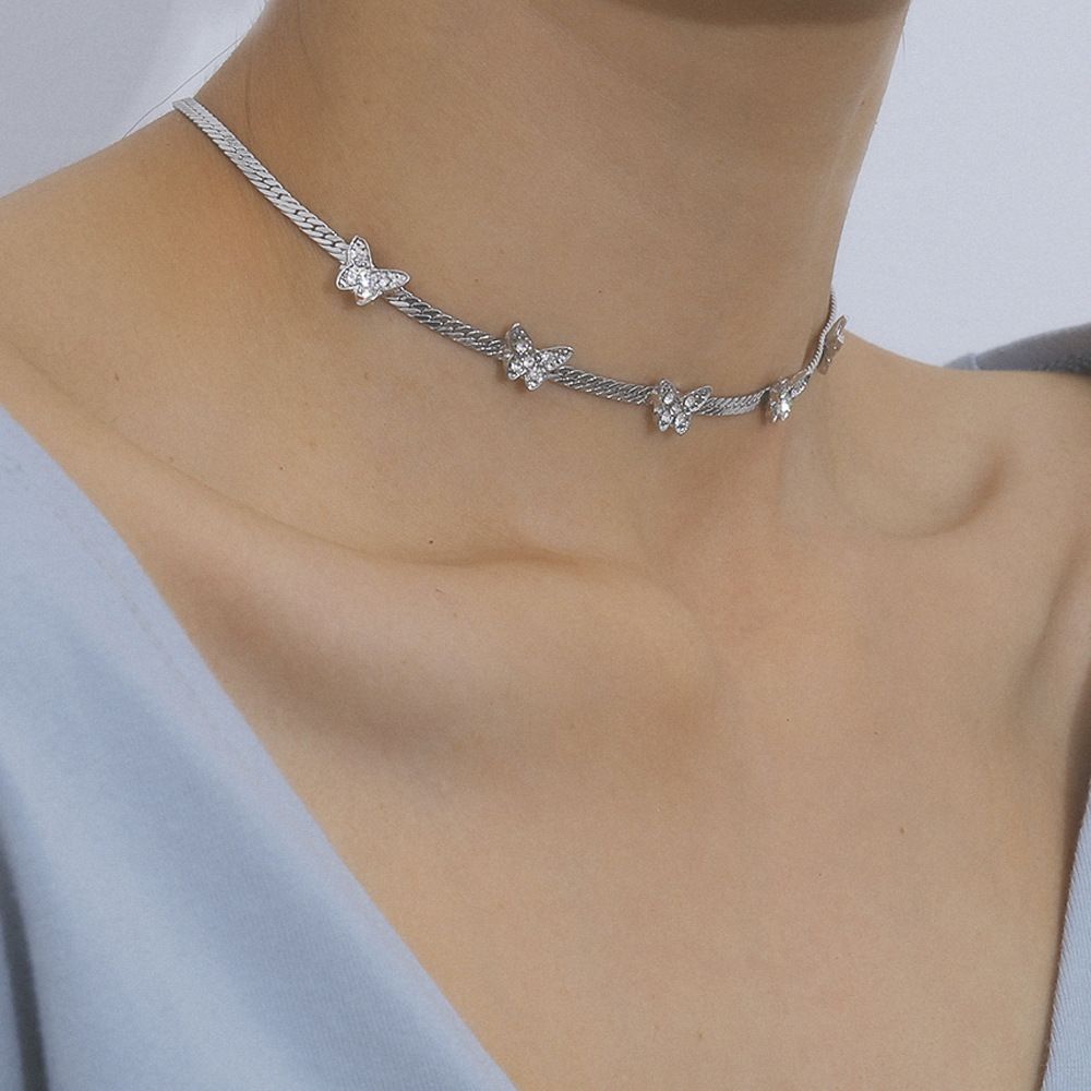 European and American cross-border jewelry, simple ins flat chain necklace, collarbone chain, elegant diamond-encrusted butterfly necklace choker details Picture