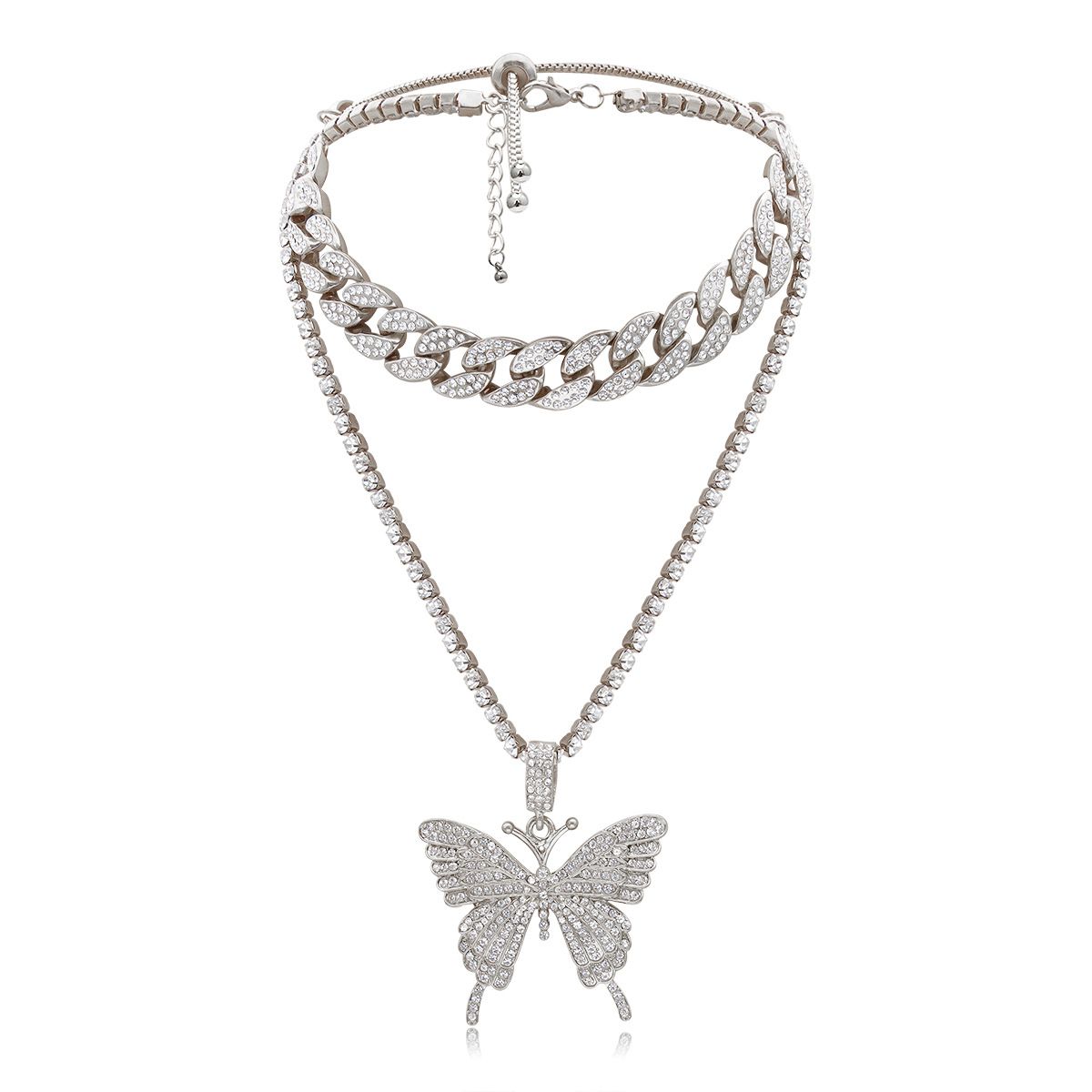 European and American cross-border jewelry, light luxury hip-hop full diamond Cuban clasp necklace, simple Instagram niche diamond-encrusted butterfly necklace detail image 9