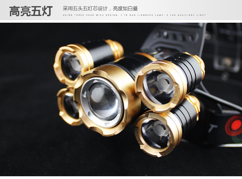 头灯跨境货源 5LED伸缩变焦T6头灯 升级版飞机头灯 充电防水头灯产品图