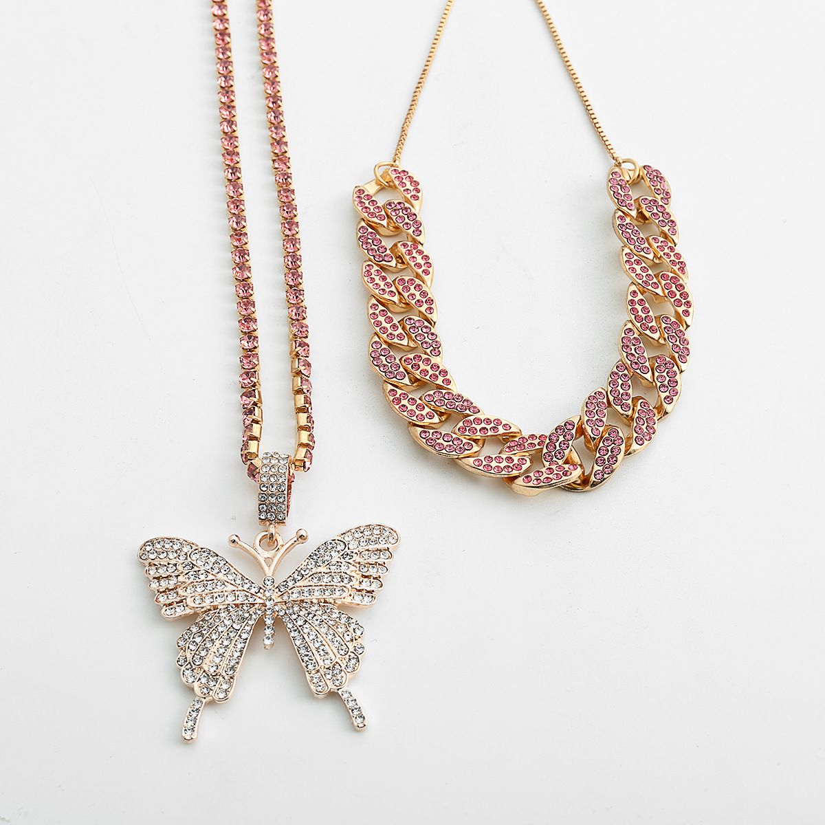European and American cross-border jewelry, light luxury hip-hop full diamond Cuban clasp necklace, simple Instagram niche diamond-encrusted butterfly necklace detail image 5