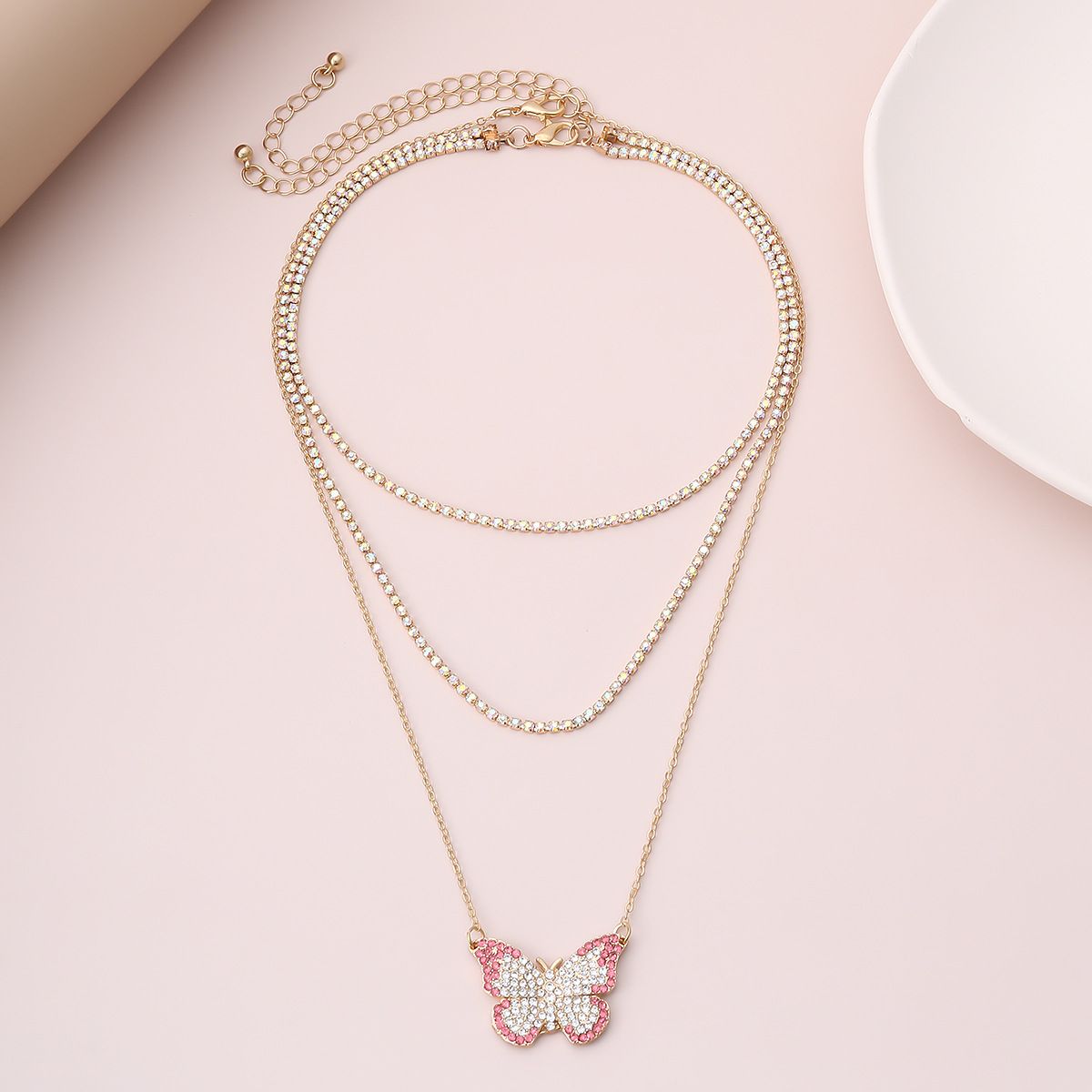 European and American cross-border jewelry, simple and elegant diamond-encrusted chain necklace, exquisite colorful full diamond butterfly collarbone necklace for women
