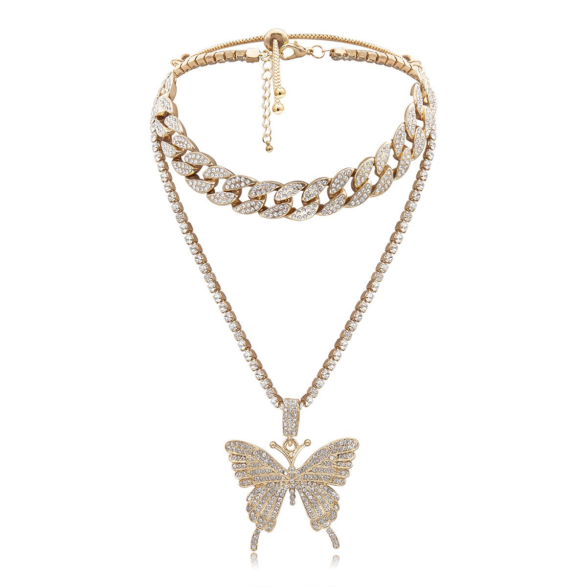 European and American cross-border jewelry, light luxury hip-hop full diamond Cuban clasp necklace, simple Instagram niche diamond-encrusted butterfly necklace details Picture