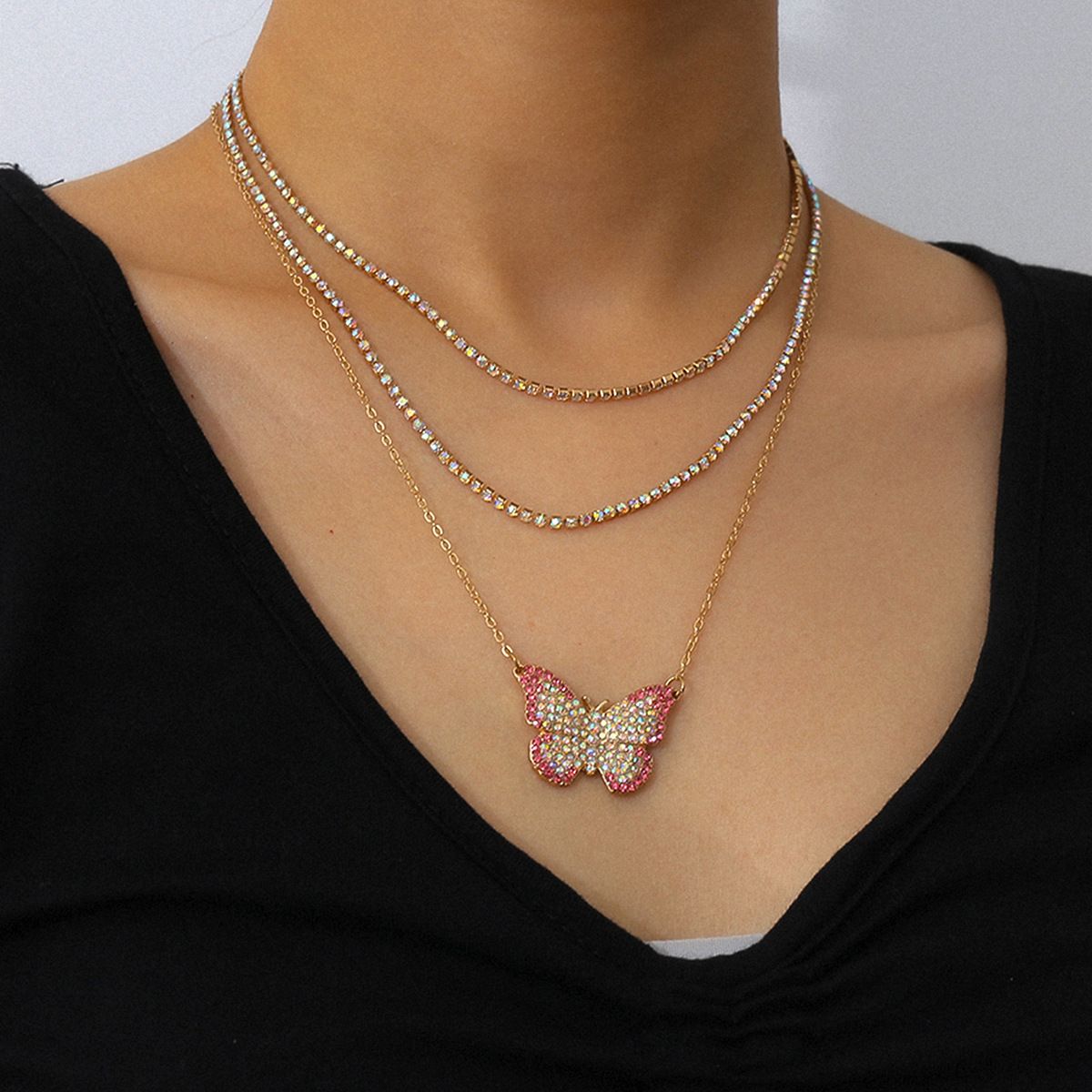 European and American cross-border jewelry, simple and elegant diamond-encrusted chain necklace, exquisite colorful full diamond butterfly collarbone necklace for women detail image 4