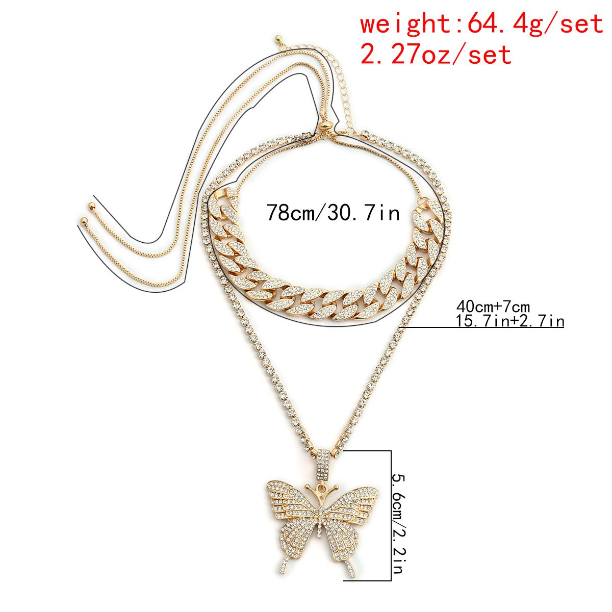 European and American cross-border jewelry, light luxury hip-hop full diamond Cuban clasp necklace, simple Instagram niche diamond-encrusted butterfly necklace detail image 6