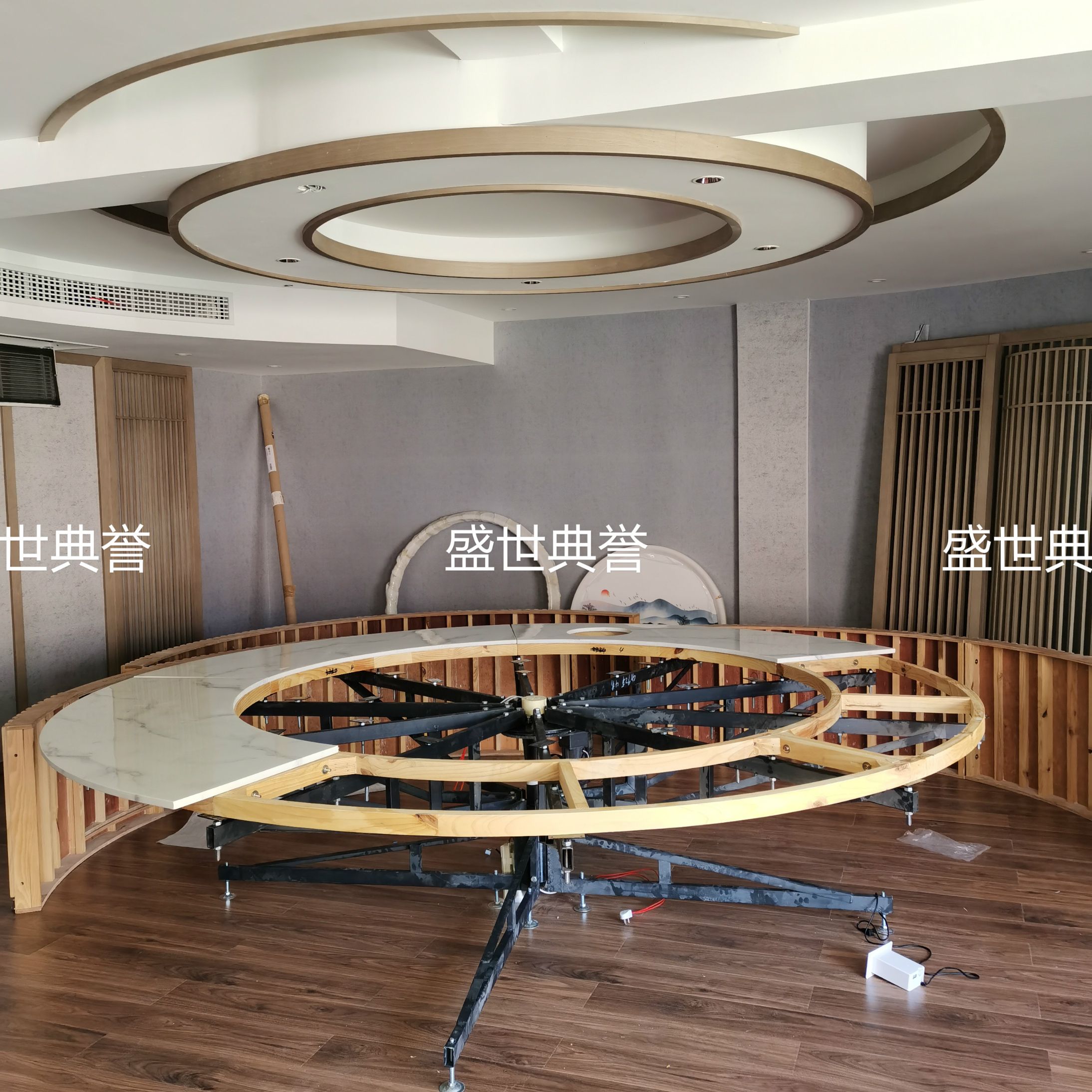 杭州度假酒店轻奢电动餐桌定做 会所4.2米大理石电动转盘大圆桌子白底实物图