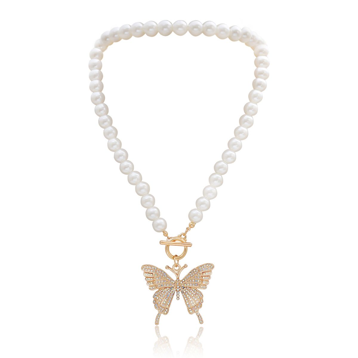 European and American cross-border jewelry, retro and simple imitation pearl OT clasp necklace, exaggerated large butterfly necklace studded with diamonds, for women detail image 1