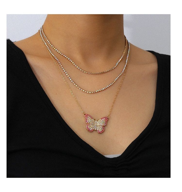 European and American cross-border jewelry, simple and elegant diamond-encrusted chain necklace, exquisite colorful full diamond butterfly collarbone necklace for women detail image 2