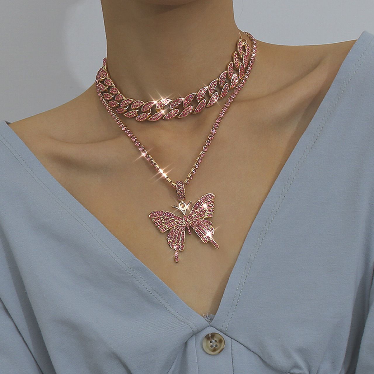 European and American cross-border jewelry, light luxury hip-hop full diamond Cuban clasp necklace, simple Instagram niche diamond-encrusted butterfly necklace detail image 12