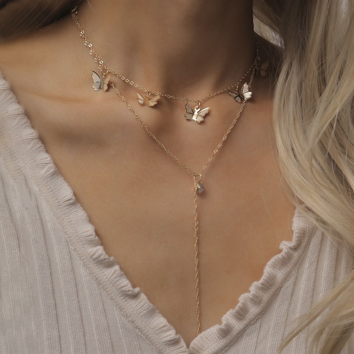European and American cross-border jewelry, fashionable tassel and diamond-encrusted collarbone chain necklace, simple and elegant butterfly multi-layer necklace for women