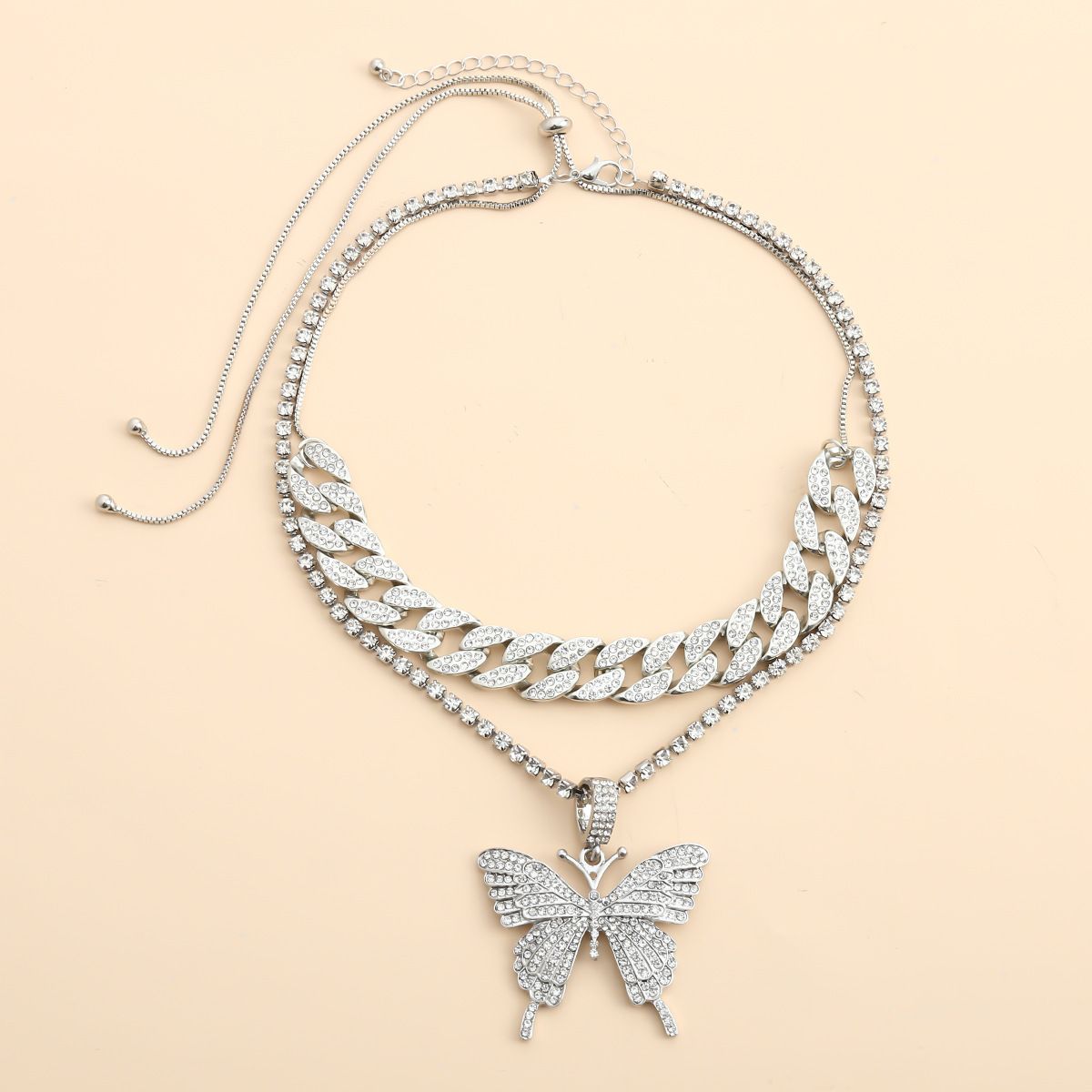 European and American cross-border jewelry, light luxury hip-hop full diamond Cuban clasp necklace, simple Instagram niche diamond-encrusted butterfly necklace detail image 8