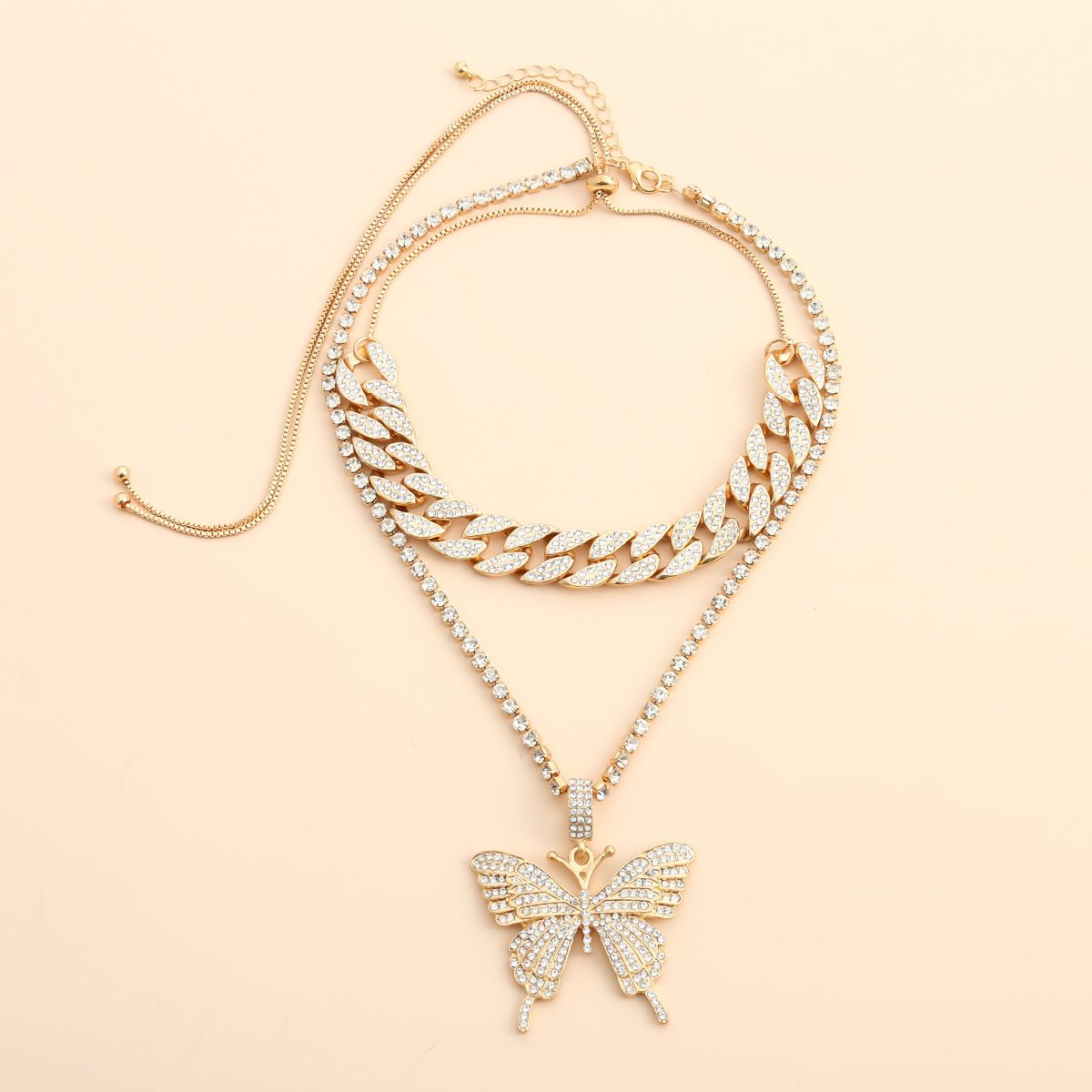 European and American cross-border jewelry, light luxury hip-hop full diamond Cuban clasp necklace, simple Instagram niche diamond-encrusted butterfly necklace detail image 4