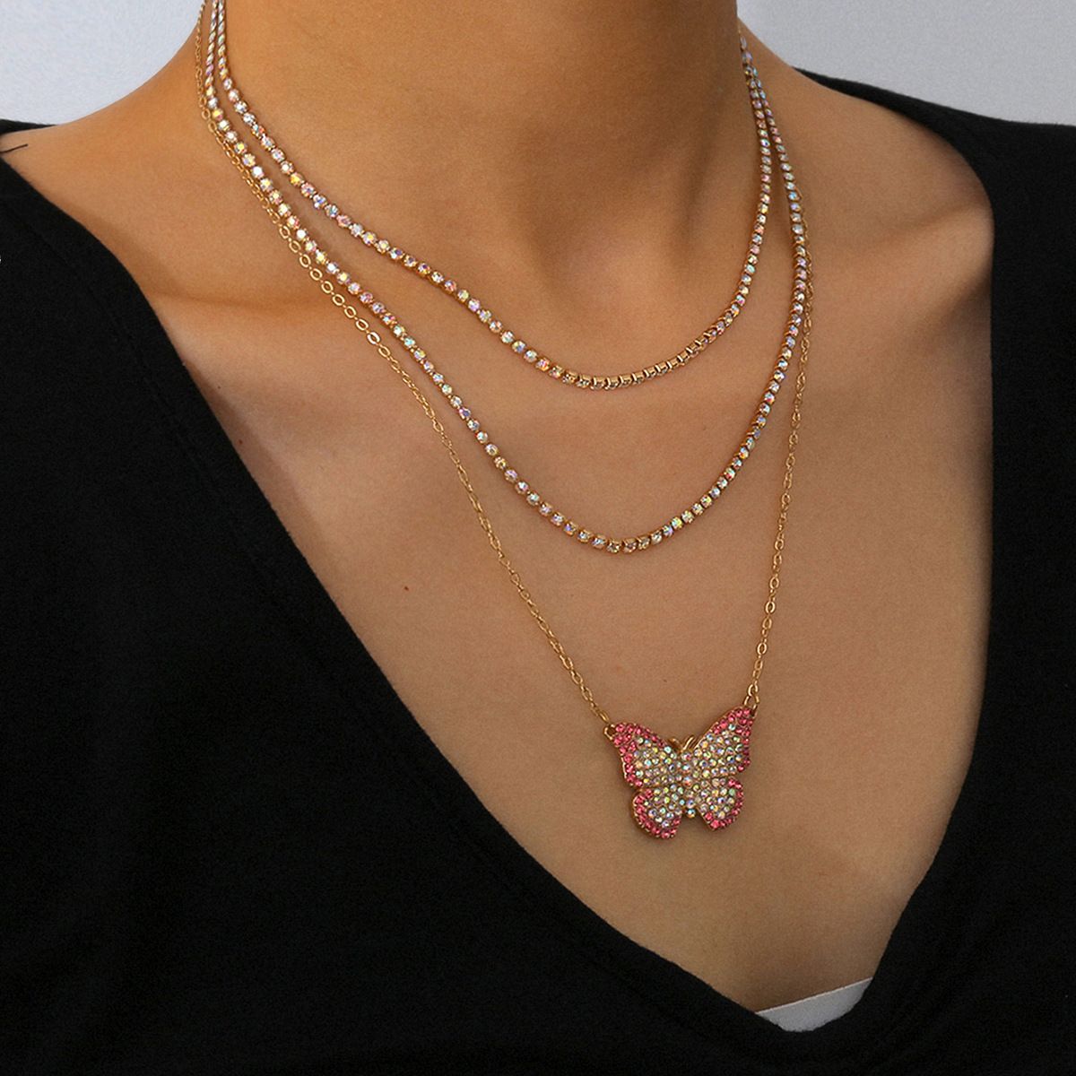 European and American cross-border jewelry, simple and elegant diamond-encrusted chain necklace, exquisite colorful full diamond butterfly collarbone necklace for women detail image 6