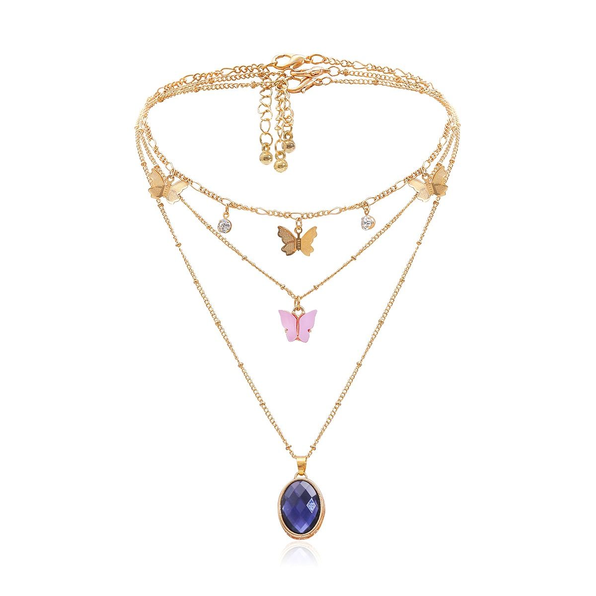 European and American cross-border jewelry, simple and ins style gemstone pendant necklace, elegant and versatile, pink little butterfly necklace for women