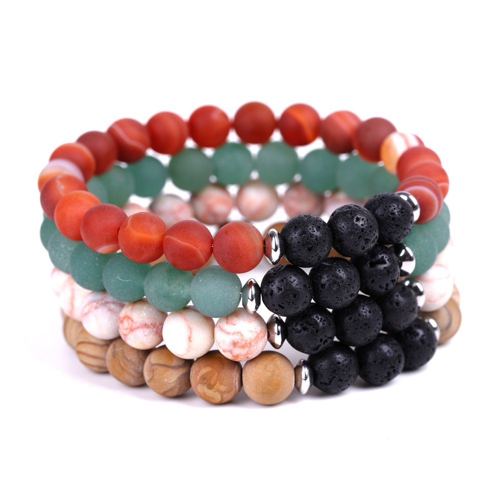 Natural volcanic stone striped red agate wood grain stone bracelet steel accessory essential oil aromatherapy matte texture stone bracelet