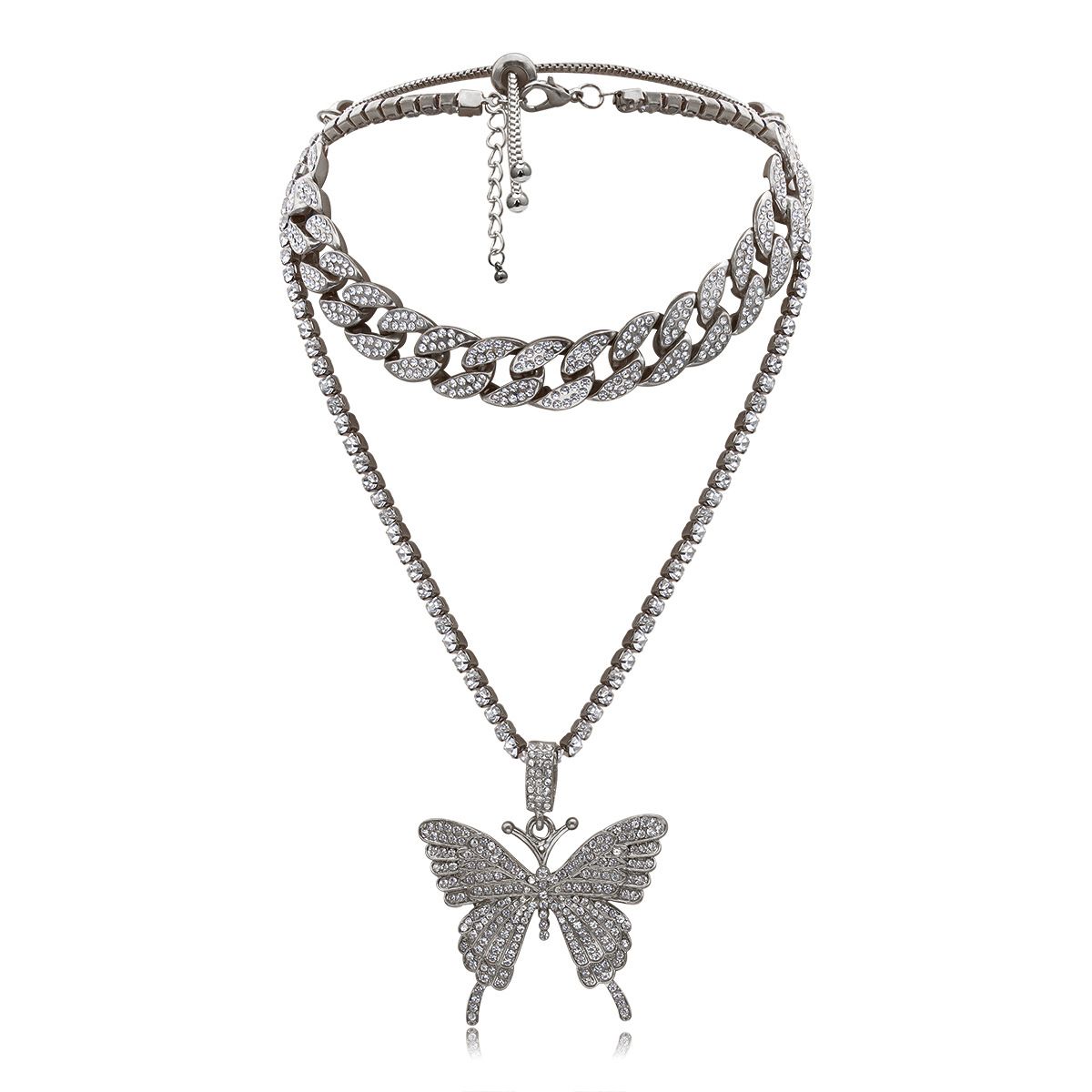 European and American cross-border jewelry, light luxury hip-hop full diamond Cuban clasp necklace, simple Instagram niche diamond-encrusted butterfly necklace detail image 7