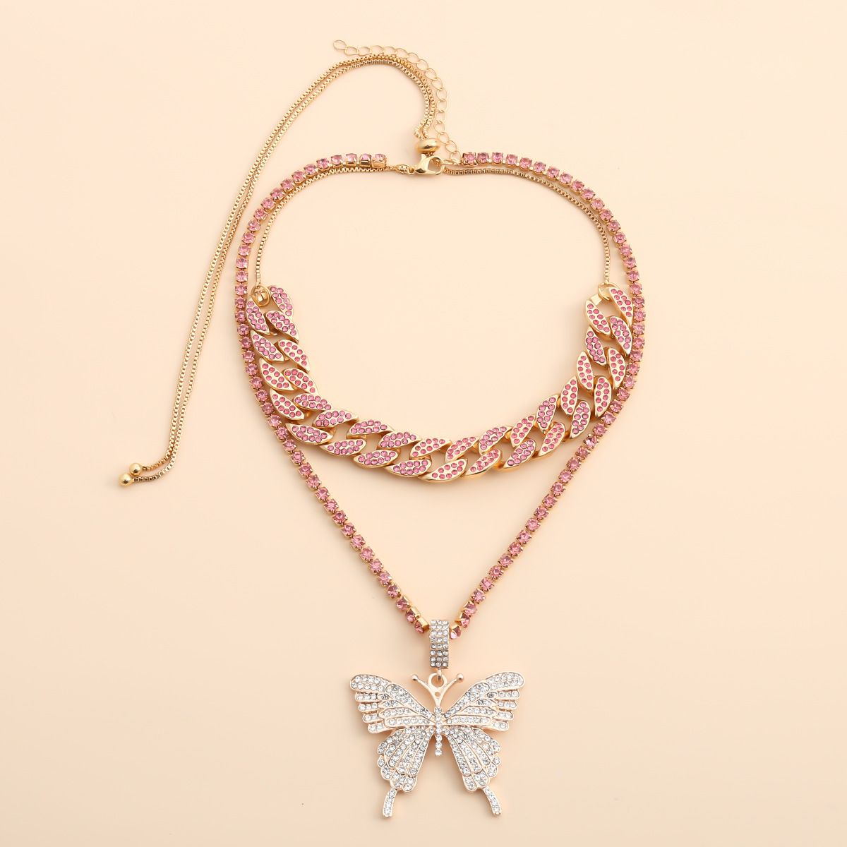 European and American cross-border jewelry, light luxury hip-hop full diamond Cuban clasp necklace, simple Instagram niche diamond-encrusted butterfly necklace detail image 10