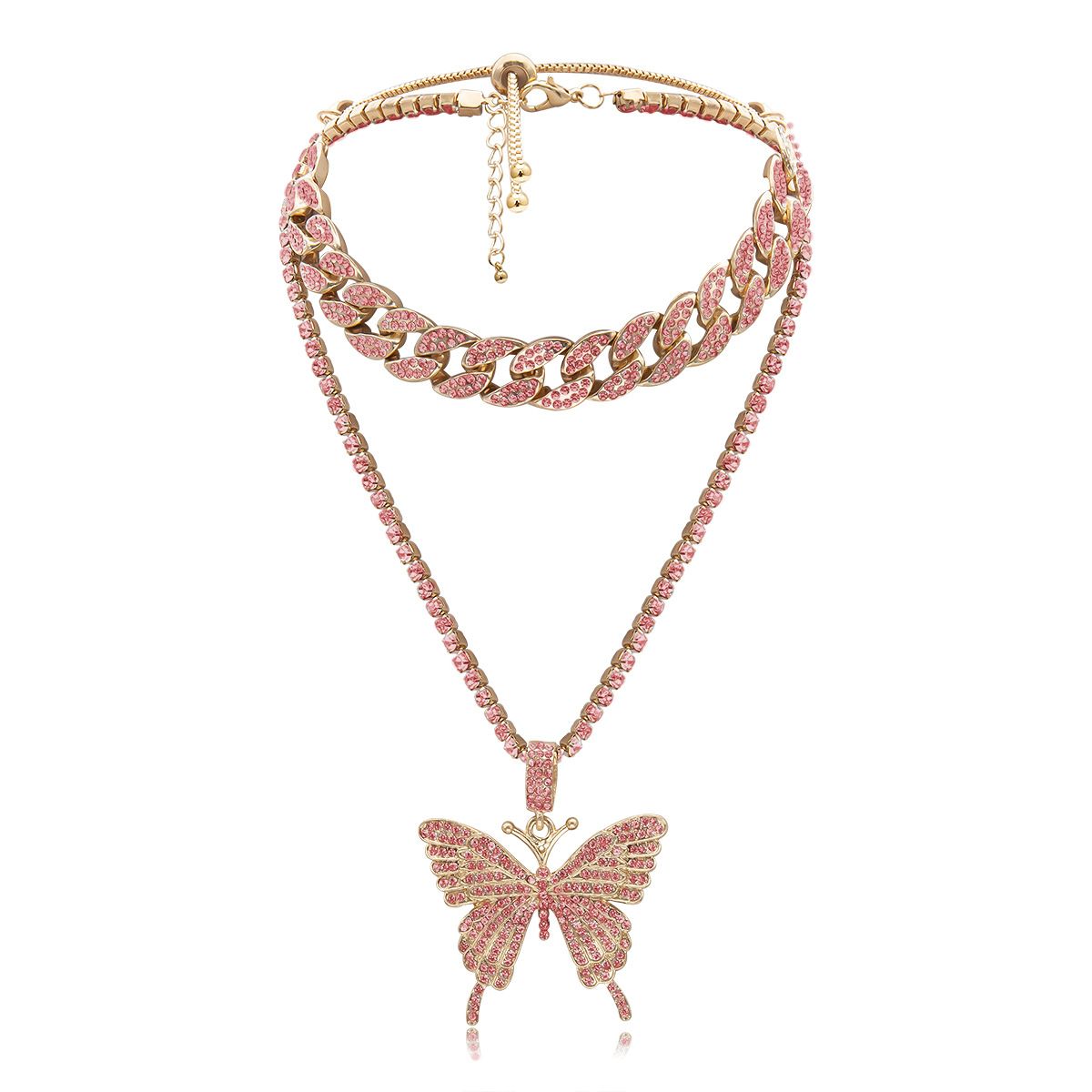 European and American cross-border jewelry, light luxury hip-hop full diamond Cuban clasp necklace, simple Instagram niche diamond-encrusted butterfly necklace detail image 2
