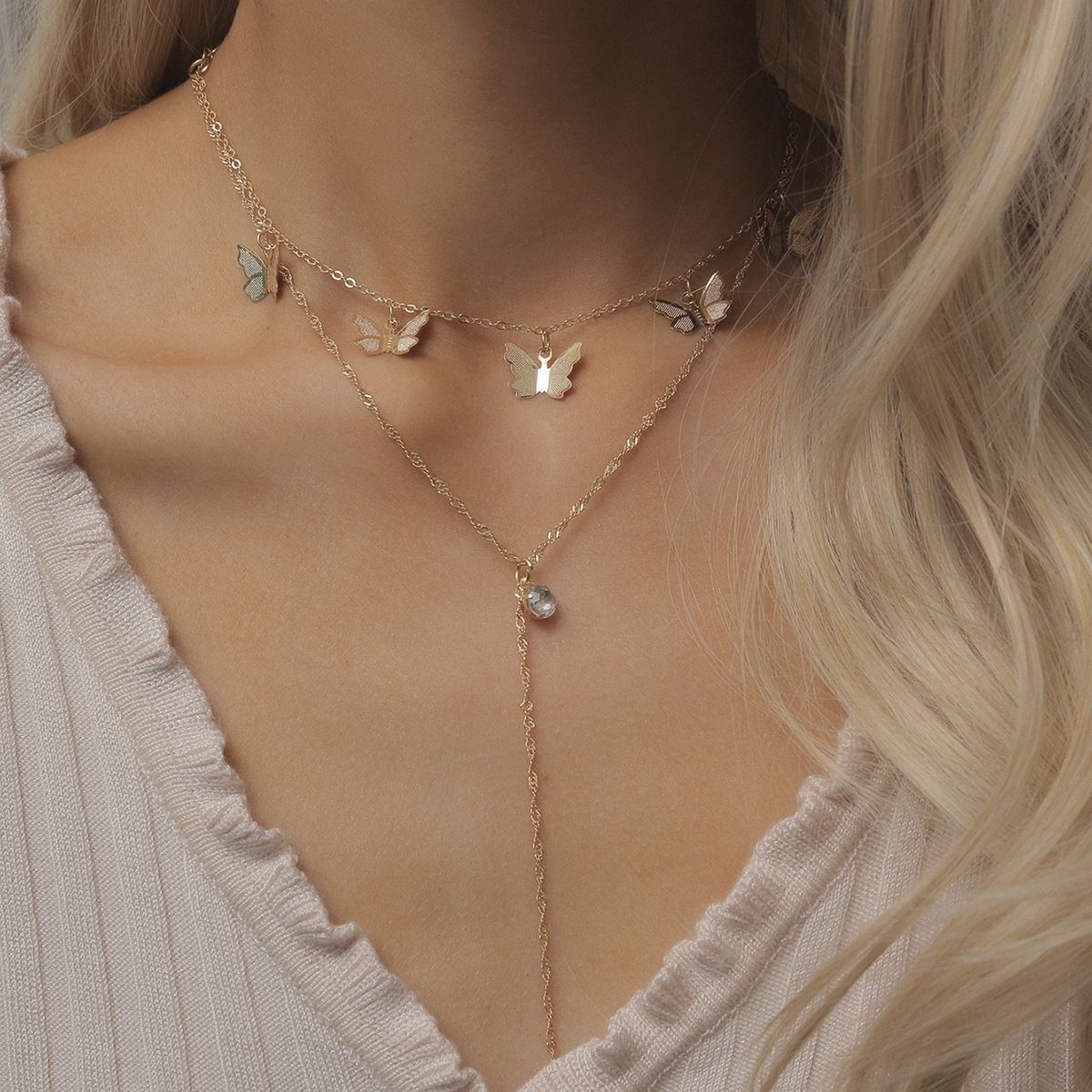 European and American cross-border jewelry, fashionable tassel and diamond-encrusted collarbone chain necklace, simple and elegant butterfly multi-layer necklace for women detail image 7