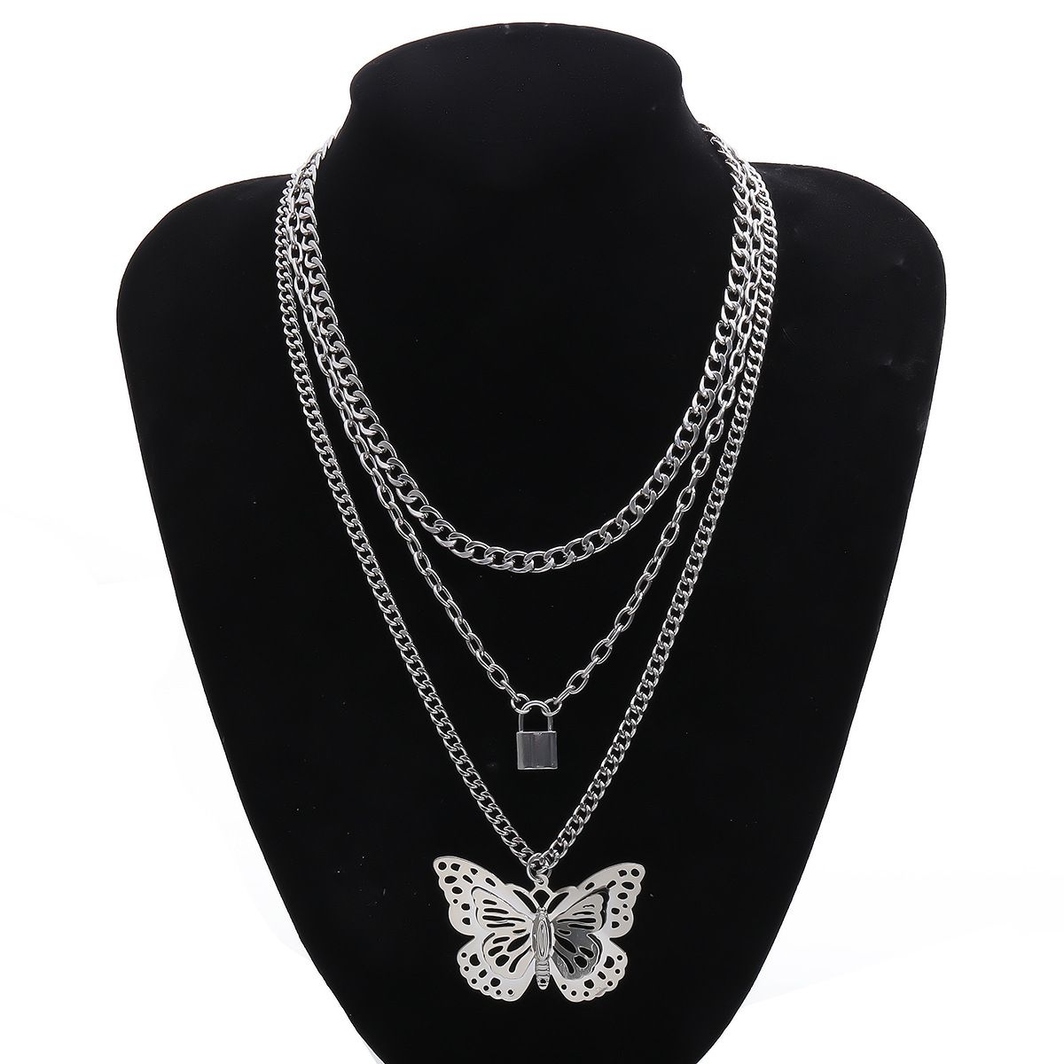 European and American cross-border jewelry, simple ins metal lock-shaped pendant necklace, fashionable and exaggerated hollowed-out large butterfly necklace detail image 4