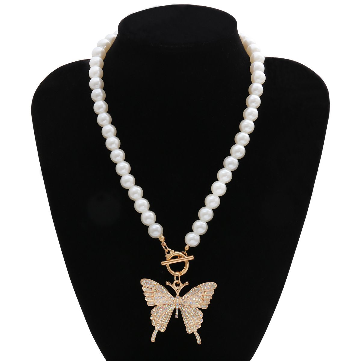 European and American cross-border jewelry, retro and simple imitation pearl OT clasp necklace, exaggerated large butterfly necklace studded with diamonds, for women detail image 7