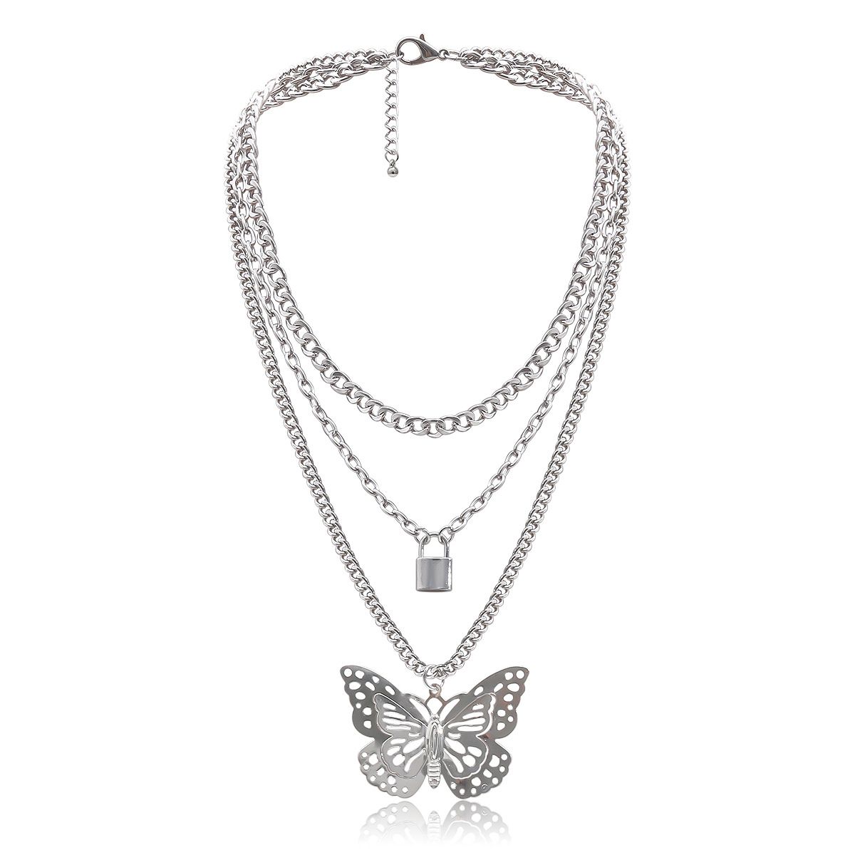 European and American cross-border jewelry, simple ins metal lock-shaped pendant necklace, fashionable and exaggerated hollowed-out large butterfly necklace