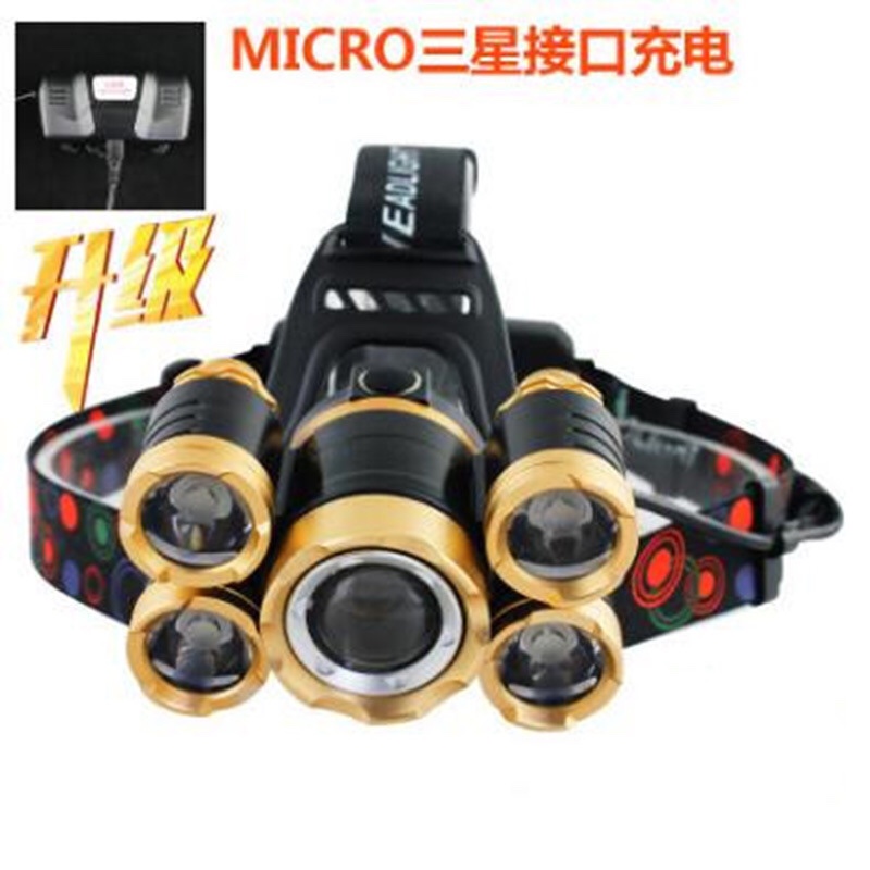 头灯跨境货源 5LED伸缩变焦T6头灯 升级版飞机头灯 充电防水头灯白底实物图