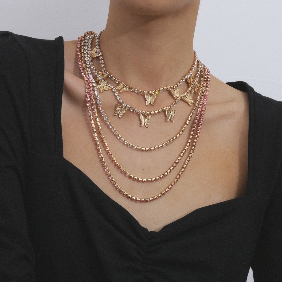 European and American cross-border jewelry, light luxury full diamond chain, multi-layer necklace, fashionable street style, diamond-encrusted butterfly necklace for women detail image 9