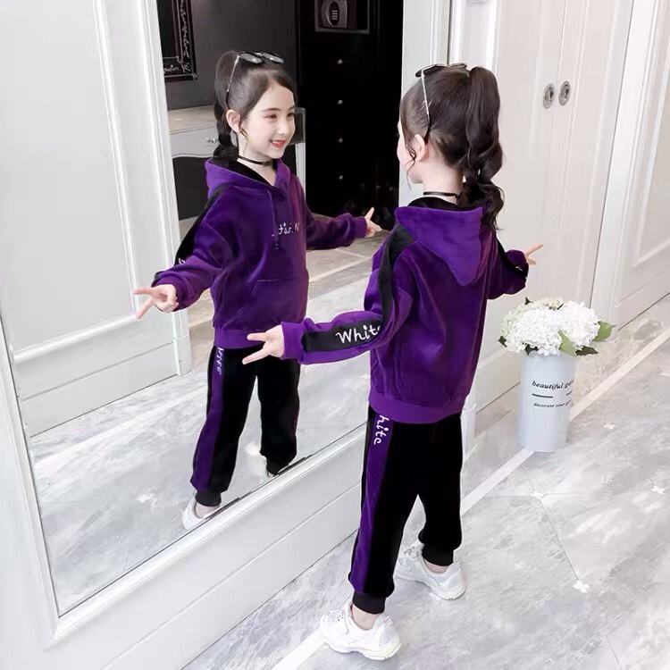 女童秋装套装2020新款韩版洋气金丝绒运动卫衣加绒加厚冬季两件套详情图4