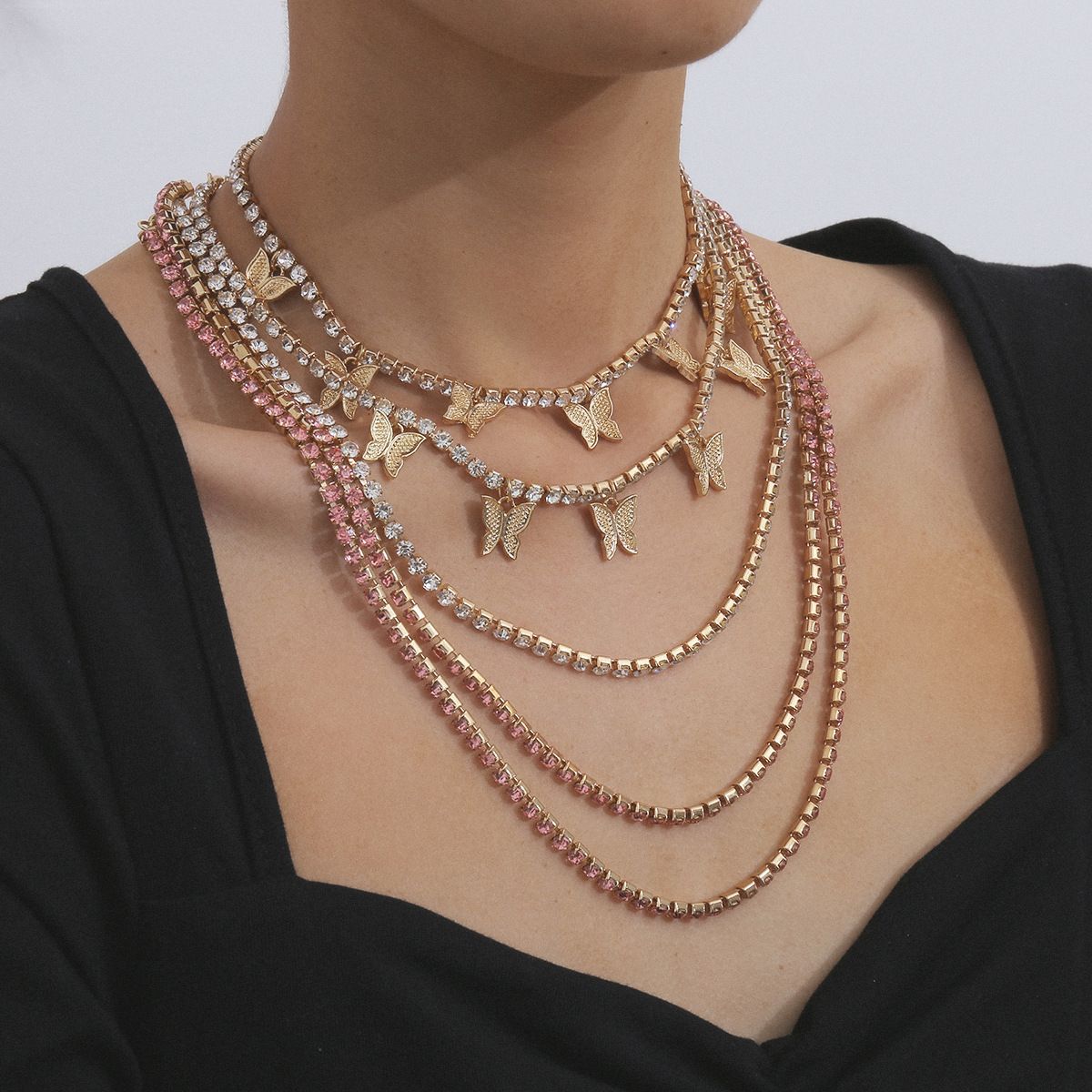 European and American cross-border jewelry, light luxury full diamond chain, multi-layer necklace, fashionable street style, diamond-encrusted butterfly necklace for women detail image 10