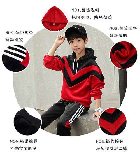 Children's clothing for boys, velvet set, autumn and winter hoodie, thickened and fleece, two-piece set for middle and large children, 2020 new Korean style, trendy details Picture