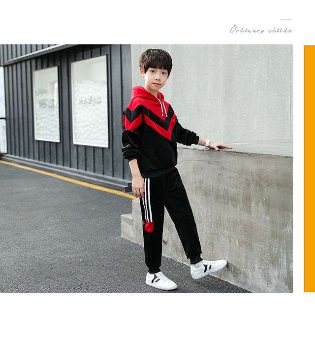 Children's clothing for boys, velvet set, autumn and winter hoodie, thickened and fleece, two-piece set for middle and large children, 2020 new Korean style, trendy Item Picture