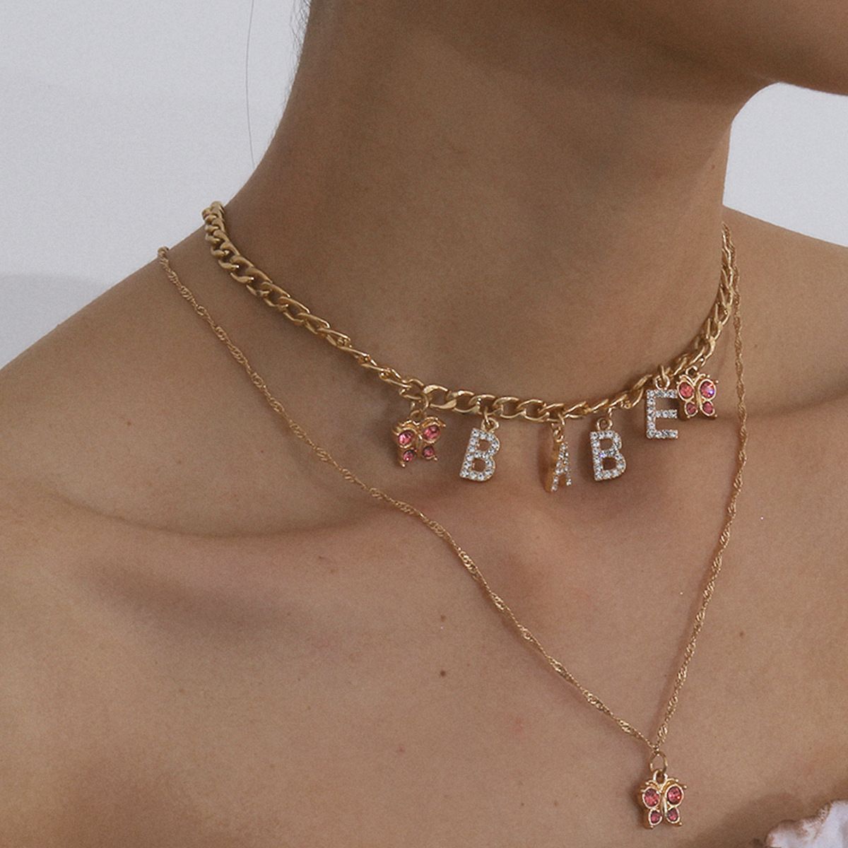 European and American cross-border jewelry summer versatile letter babe necklace collarbone chain simple ins diamond-encrusted butterfly necklace details Picture