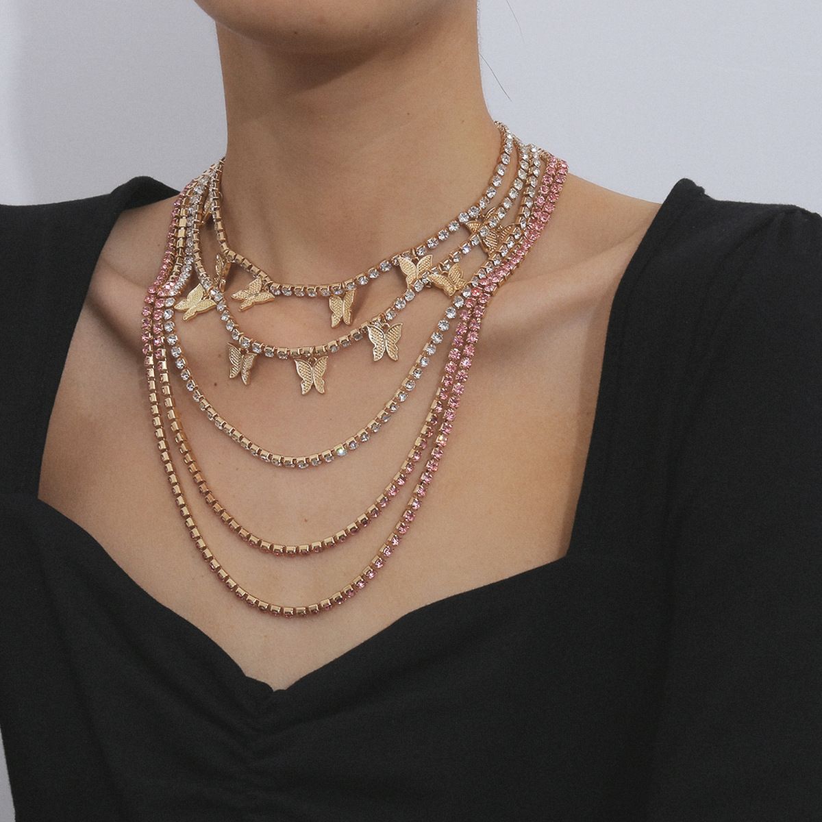 European and American cross-border jewelry, light luxury full diamond chain, multi-layer necklace, fashionable street style, diamond-encrusted butterfly necklace for women detail image 8