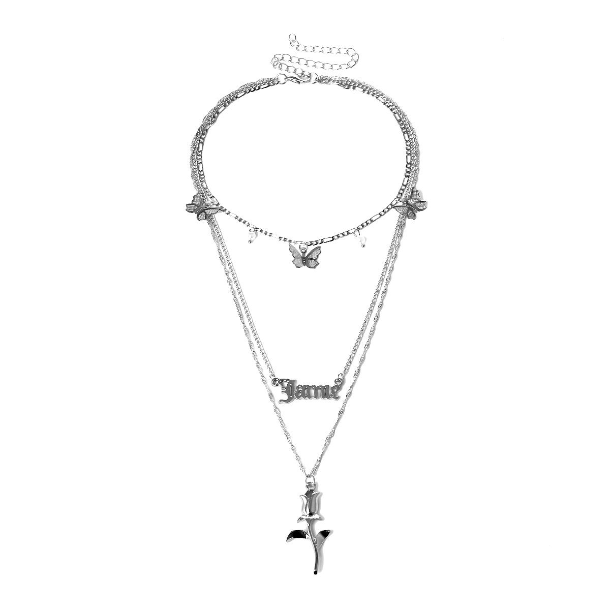 European and American cross-border jewelry, retro mixed rose letter necklace, simple ins style butterfly multi-layer necklace for women details Picture