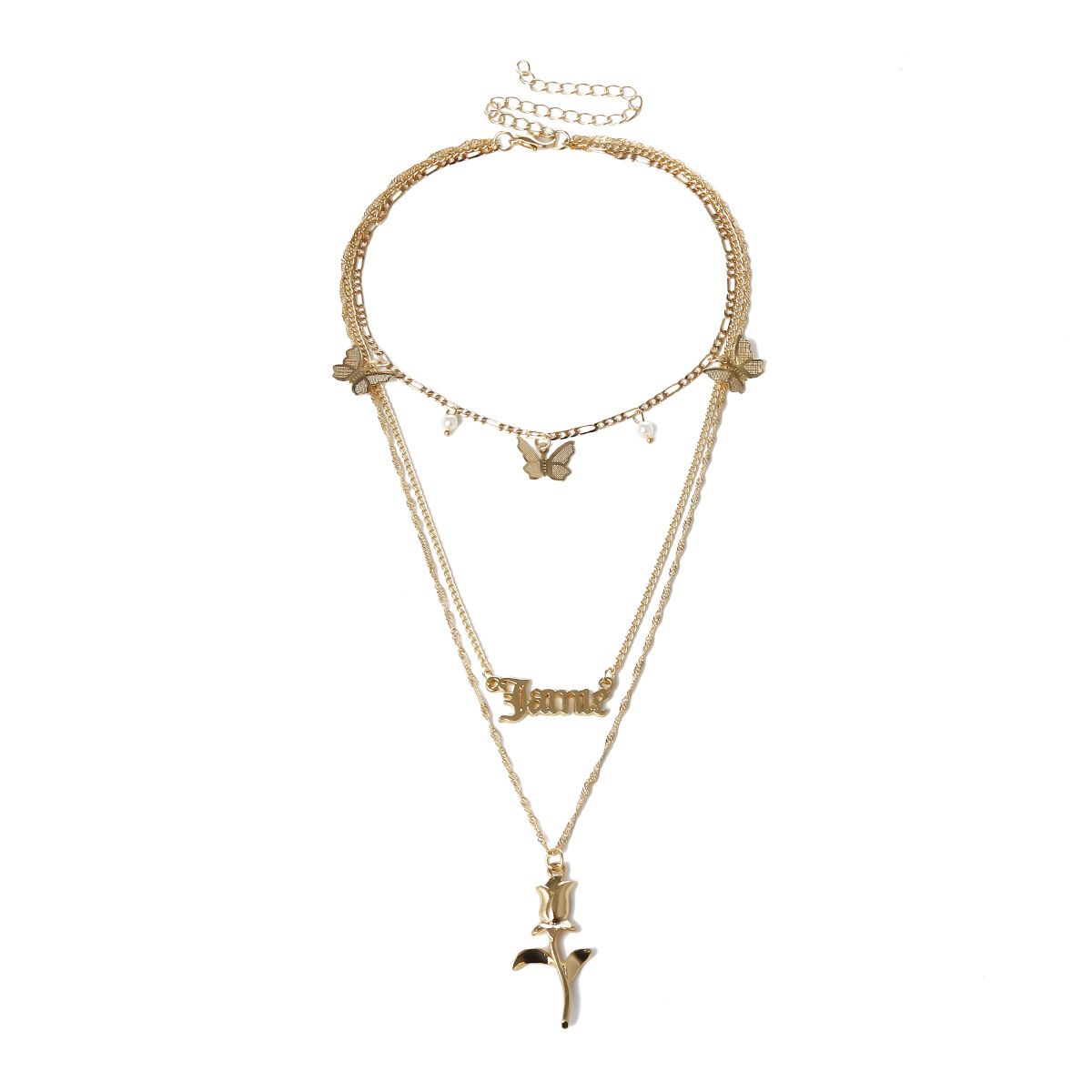European and American cross-border jewelry, retro mixed rose letter necklace, simple ins style butterfly multi-layer necklace for women