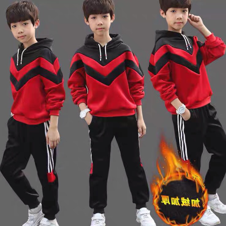 Children's clothing for boys, velvet set, autumn and winter hoodie, thickened and fleece, two-piece set for middle and large children, 2020 new Korean style, trendy full figure